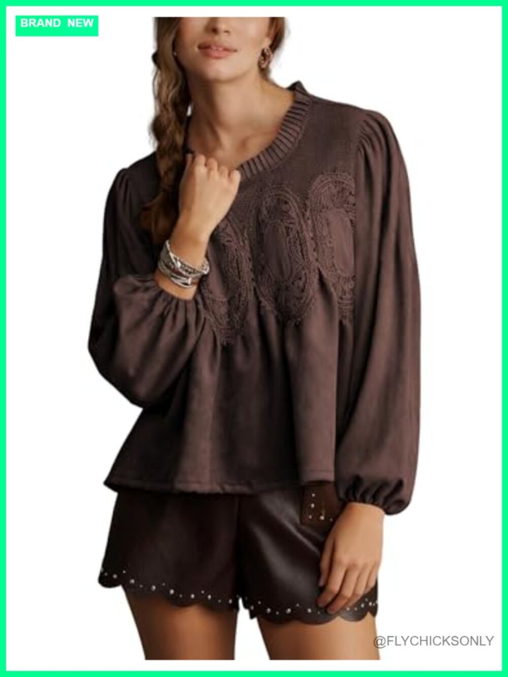 Faux Suede Lace Detail Flared Blouse Long Sleeve Pullover Babydoll Top